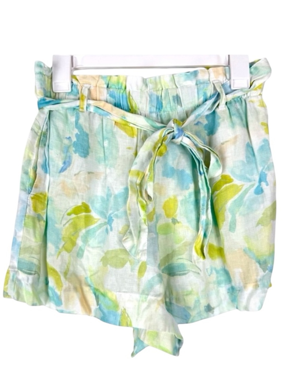 Bella Dahl Linen Floral High Waist Shorts Tie Belt Green Blue Women’s Size M